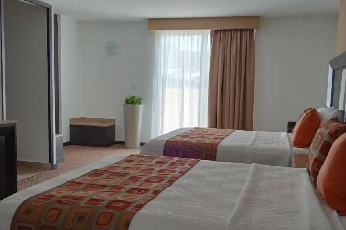A hotel room with two beds, a TV, a window with curtains, and a small plant.