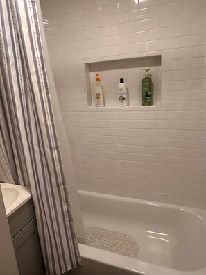 Hair dryer, towels, soap, shampoo