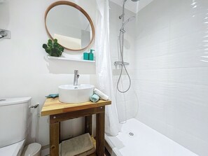 Douche, sèche-cheveux, serviettes fournies, papier toilette