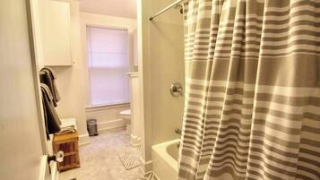Hair dryer, towels, soap, toilet paper