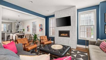 Smart TV, fireplace, books