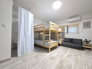 Cozy retreat with bunk beds, sofa, and potted plant, perfect for travelers.