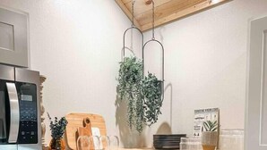 A modern kitchen with a stainless steel stove, a coffee maker, and a sink. There are hanging plants and a wooden cutting board on the counter. - Paddlewhack Cabin 4-The Gunwhale (Jefferson)