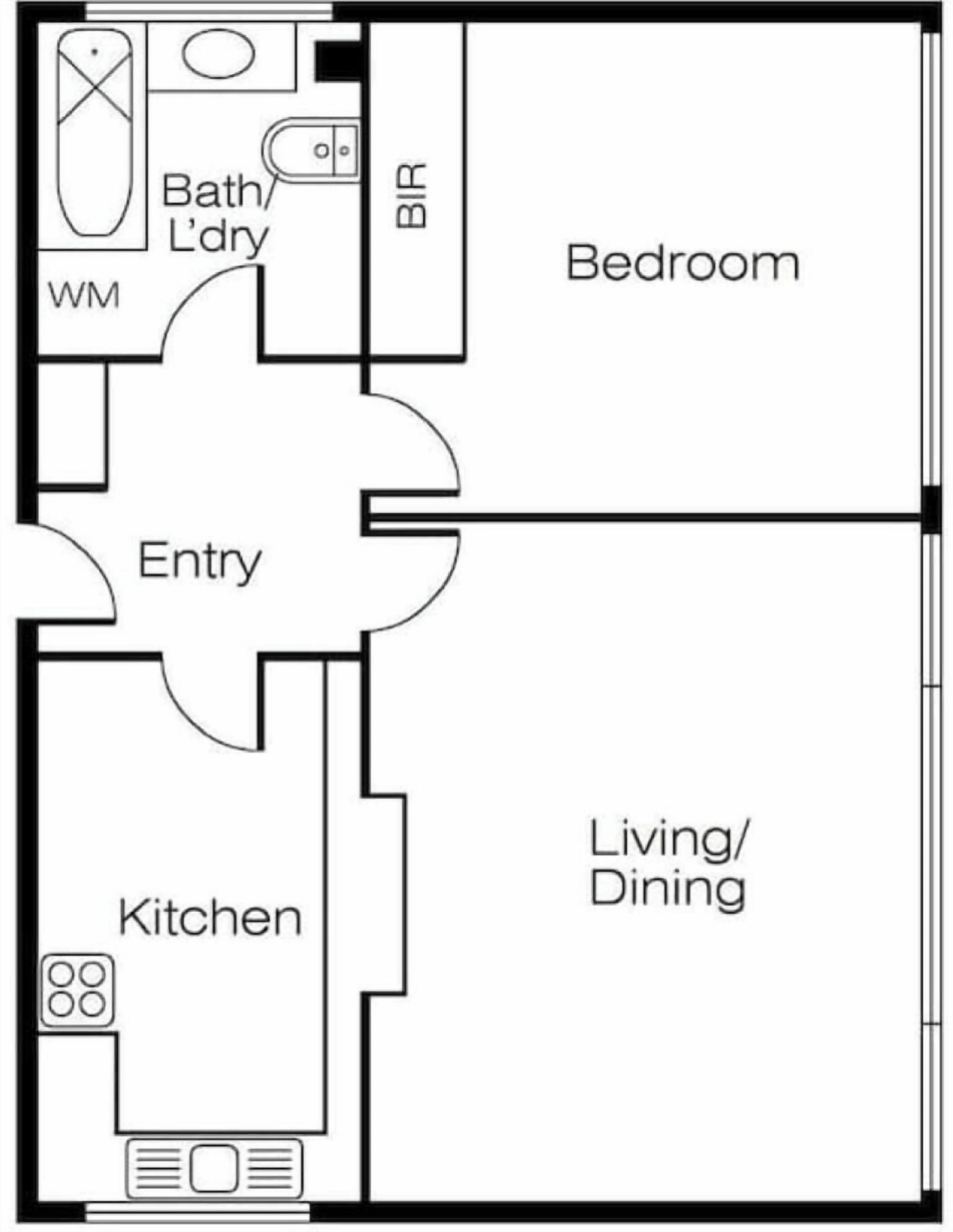 A floor plan with a bedroom, bathroom, kitchen, and living/dining area.