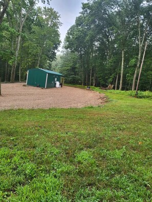 Enjoy serene outdoor activities in a tranquil setting surrounded by lush greenery and tall trees.