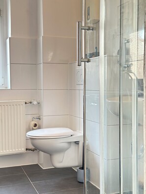 Douche, séchoir à cheveux, serviettes fournies, savon