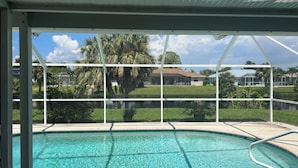 A clear view of a swimming pool with a tiled deck, surrounded by a fence and palm trees.