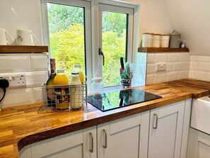 Fridge, oven, stovetop, coffee/tea maker