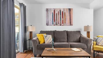 Smart TV, fireplace, books