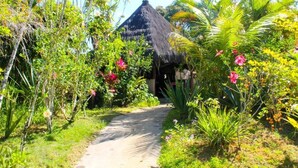 A pathway leading to a thatched-roof structure surrounded by lush tropical vegetation and flowering plants. - Pousada Colibri (Cairu)