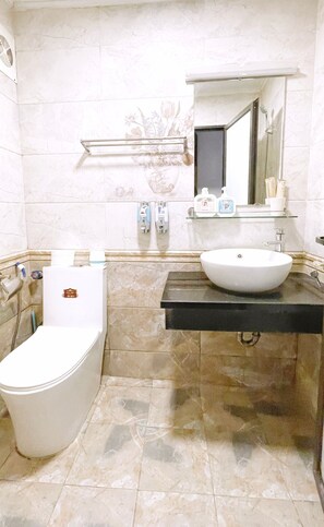 Bathroom features a toilet, sink, and mirror, with a shelf for toiletries.