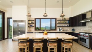 Une cuisine spacieuse dotée d’un grand îlot central, d’appareils électroménagers en acier inoxydable et offrant une vue sur l’extérieur.