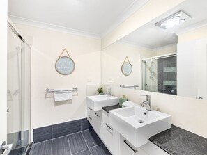 Hair dryer, towels, soap, shampoo