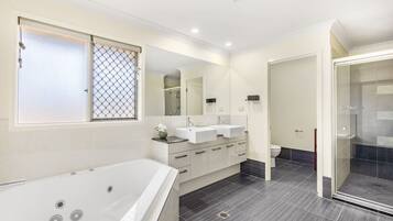 Hair dryer, towels, soap, shampoo