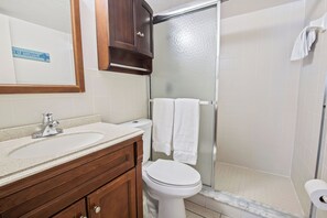 Bathroom features a sink, toilet, and shower with a vanity and mirror.