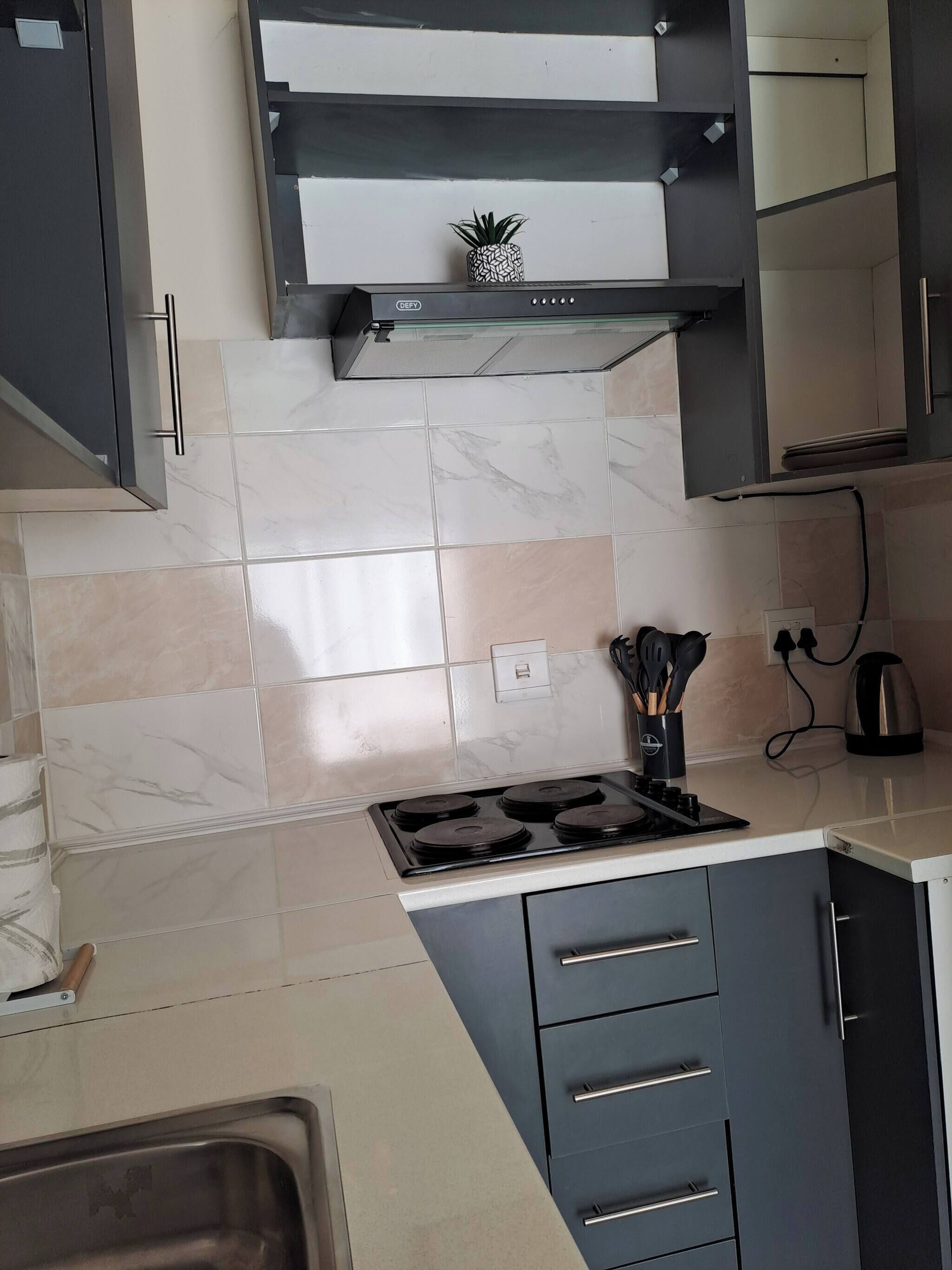 Una cucina con un fornello, pensili e una piccola pianta sul piano di lavoro.