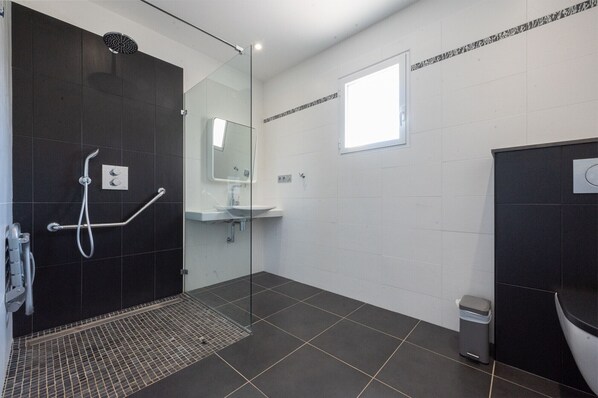 Shower, hair dryer, towels