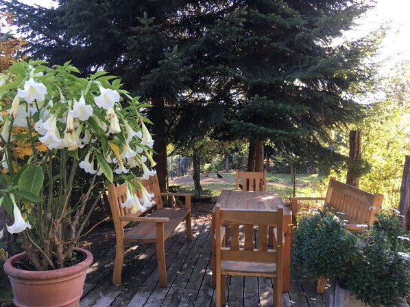 A wooden deck with two wooden chairs and a table, surrounded by potted plants and trees.