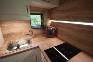 Fridge, microwave, stovetop, coffee/tea maker