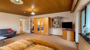 Una habitación con cama, sofá, televisor, armario de madera y radiador.