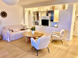 TV connectée, cheminée, livres, médiathèque