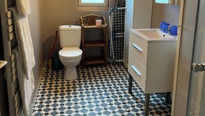 A compact bathroom with a toilet, a sink, and a mirror. There are two windows providing natural light, and the floor has a geometric tile pattern. - Une Maison en Bois du Québec Près de Nevers, Moulins, le Pal et les Canaux ! (Saint-Germain-Chassenay)