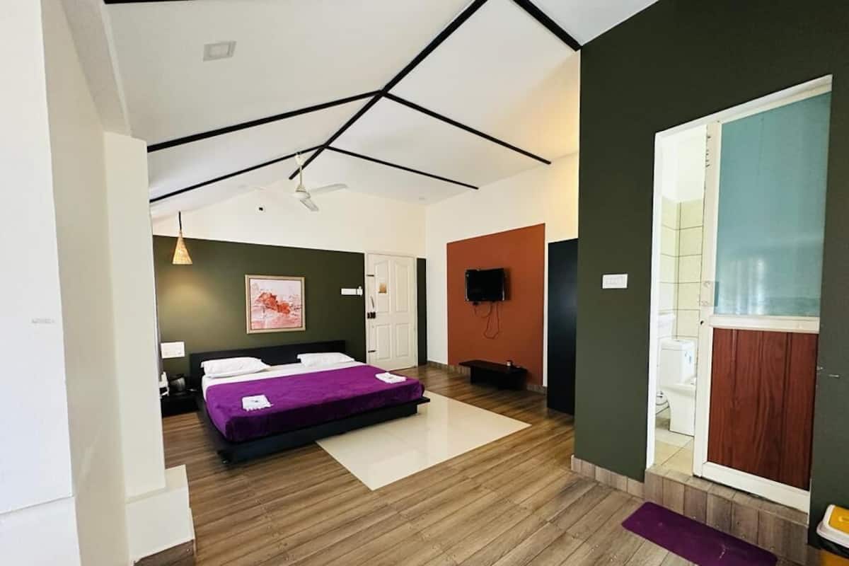 Una habitación de hotel moderna con piso de madera, una cama con cubrecama púrpura, un televisor de pantalla plana montado en la pared y un ventanal con vistas al exterior.