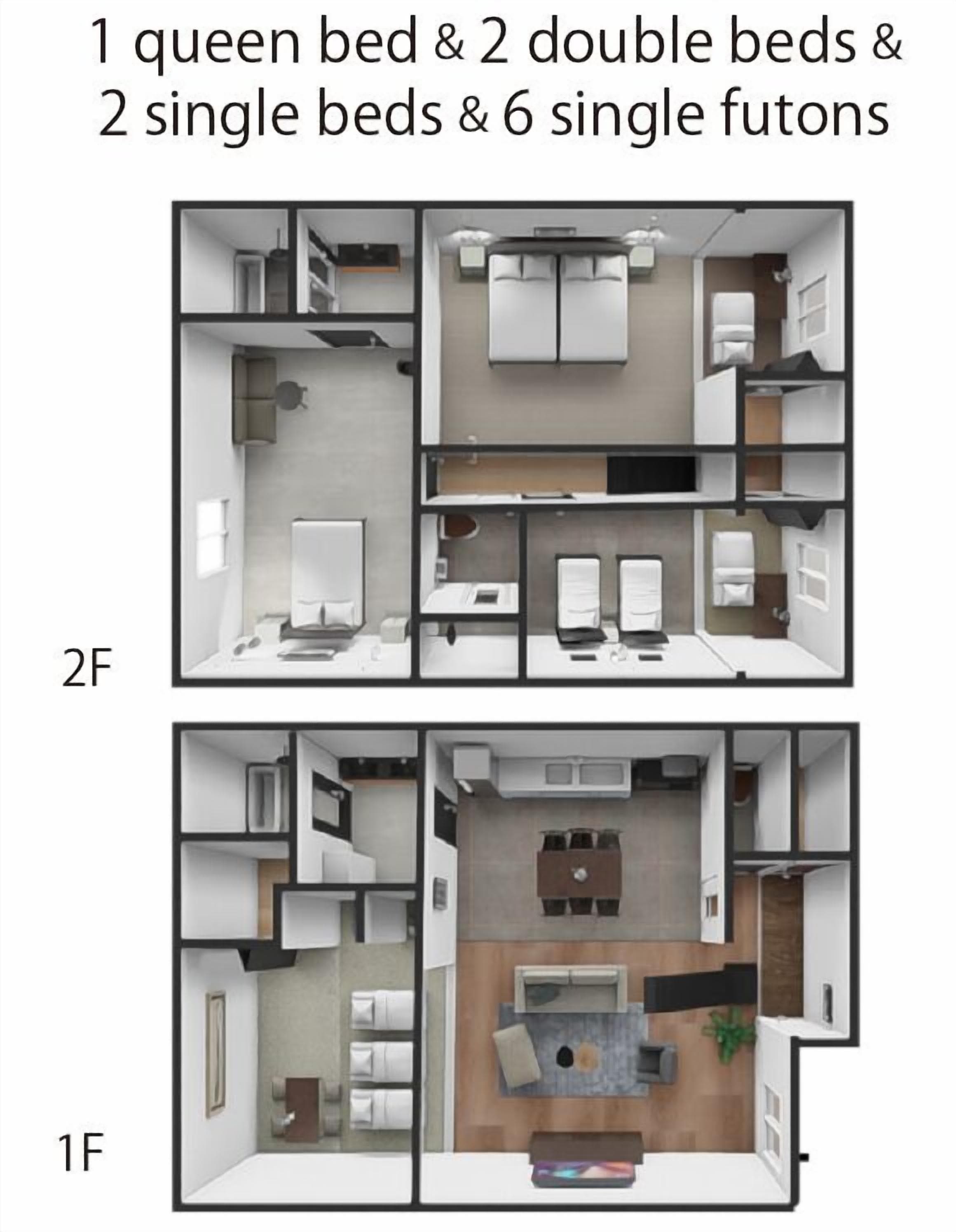 Un appartement de type F2 et F1 comprenant 1 lit queen-size, 2 lits doubles, 2 lits simples et 6 futons simples.