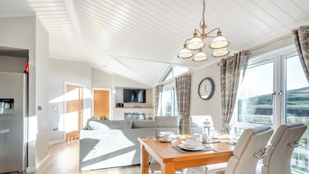A modern kitchen with a built-in oven, a dining area with a wooden table and chairs, a sofa, and a large window with curtains.