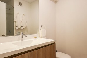 Douche, sèche-cheveux, serviettes fournies, shampoing