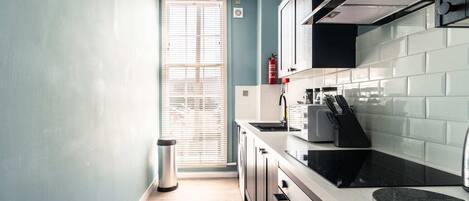 Frigorífico, microondas, horno y placa de cocina