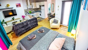 A modern apartment with a living room, kitchen, and dining area.