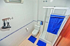 Ein kleines Badezimmer mit Toilette, Dusche und einem Föhn auf einem Wandhaken.