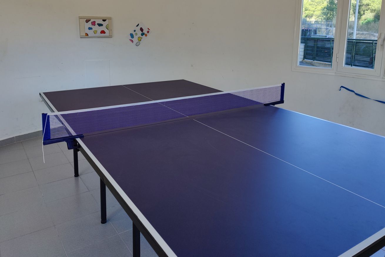 Une table de ping-pong dans une pièce aux murs blancs, avec une fenêtre et une porte.