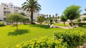 Un jardín bien cuidado con palmeras, un camino y un edificio con balcones al fondo.