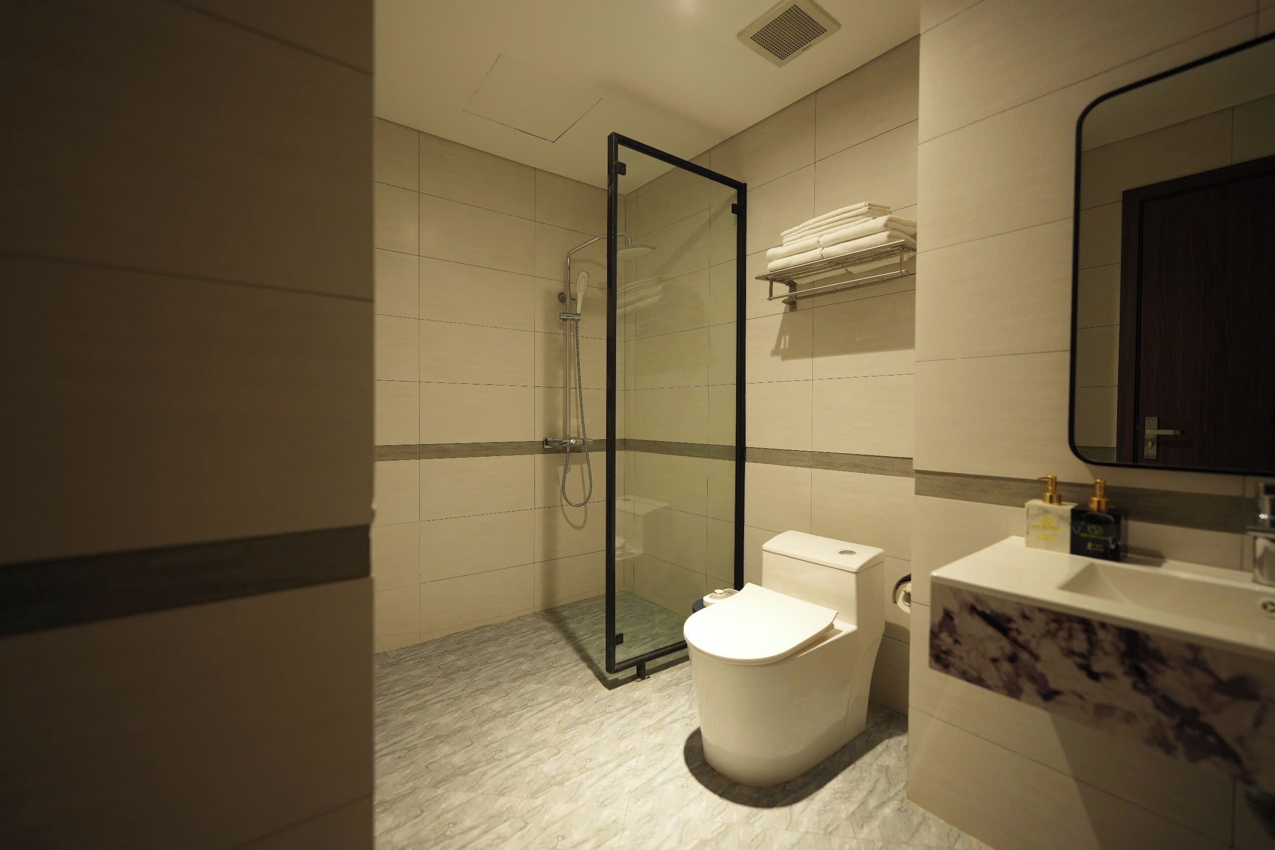 A modern bathroom with a glass-enclosed shower, a toilet, and a vanity with a mirror.