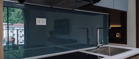 A modern kitchen with a black induction cooktop, a stainless steel sink, and a range hood above the cooktop.