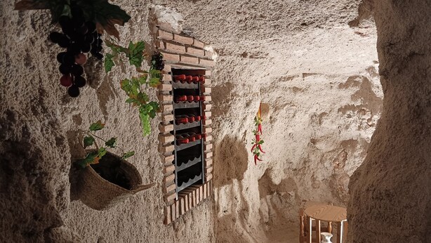 Un couloir étroit et rustique, avec un mur en briques, une petite fenêtre ornée de bouteilles rouges, une table en bois et une plante suspendue.