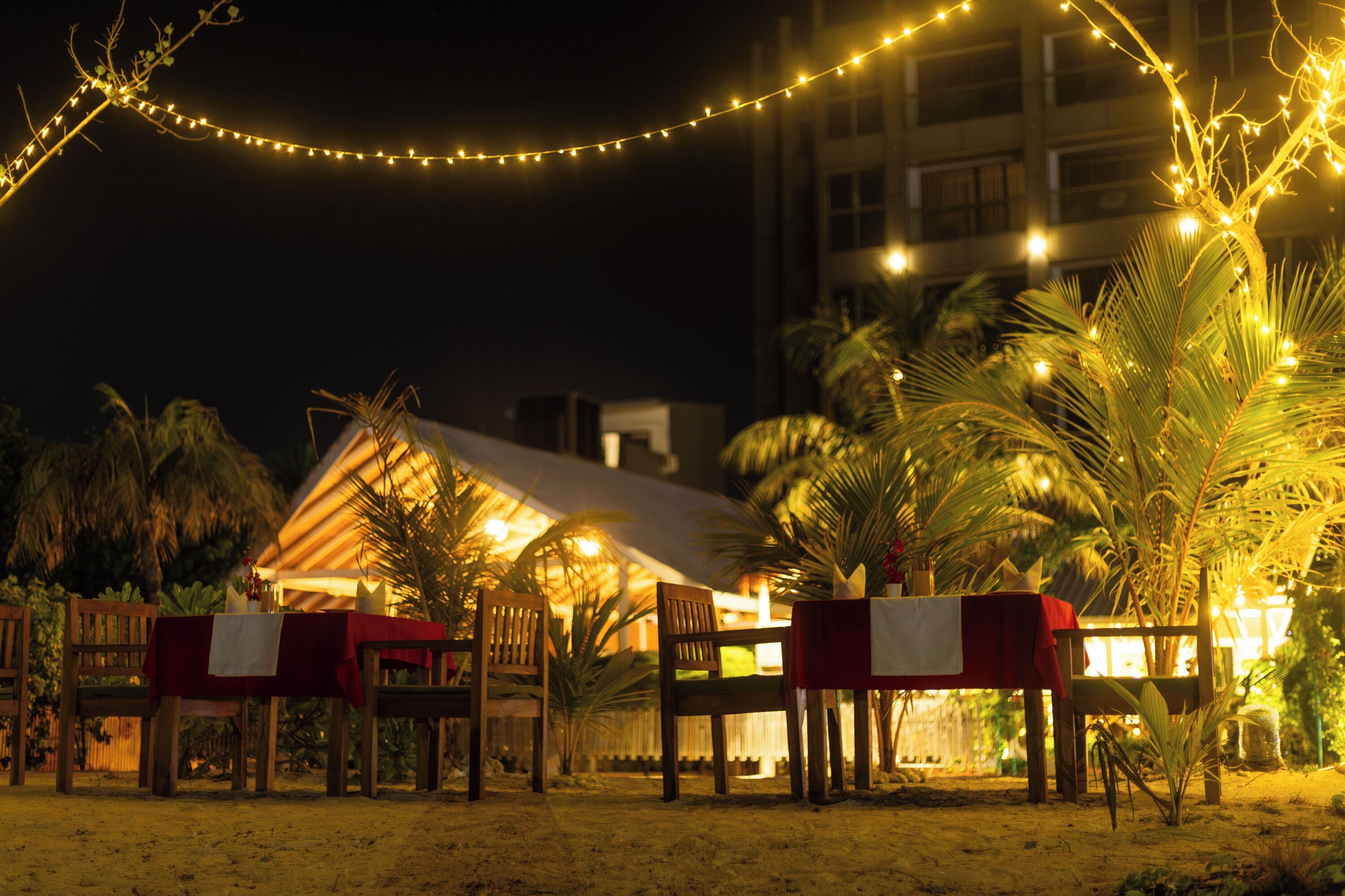 A beachfront dining area with tables set for guests, palm trees, and string lights.