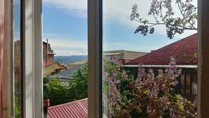 Une vue depuis une fenêtre donnant sur un balcon avec un toit rouge, un arbre en fleurs et un paysage urbain lointain.