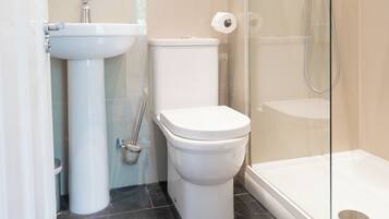 Un baño moderno con ducha envuelta en vidrio, lavamanos pedestal y retrete.