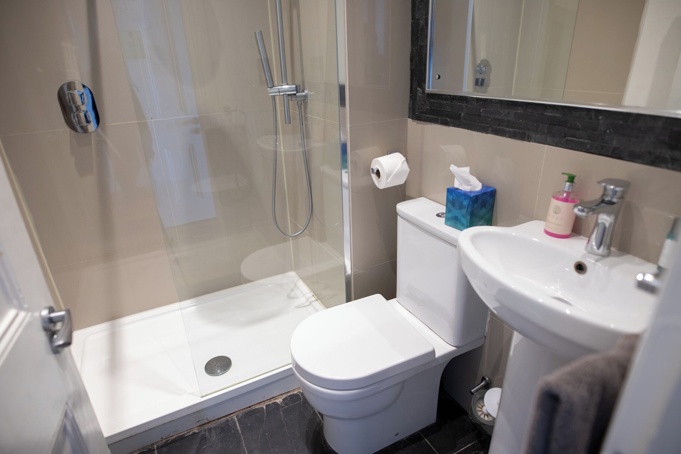 Un baño con ducha de vidrio, inodoro y lavabo.