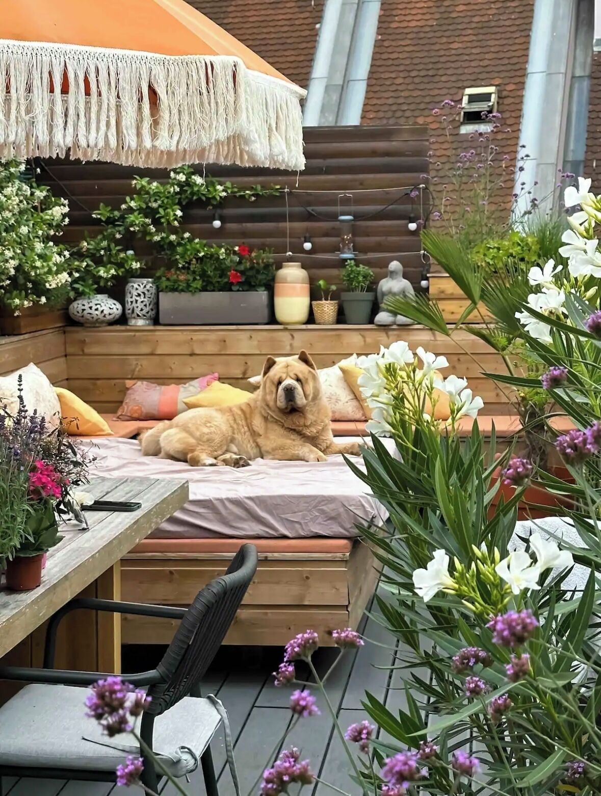 Een gezellig buitenzitje met een houten bank, een tafel en een stoel.