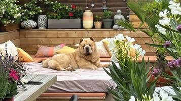 Een gezellig buitenzitje met een houten bank, een tafel en een stoel.