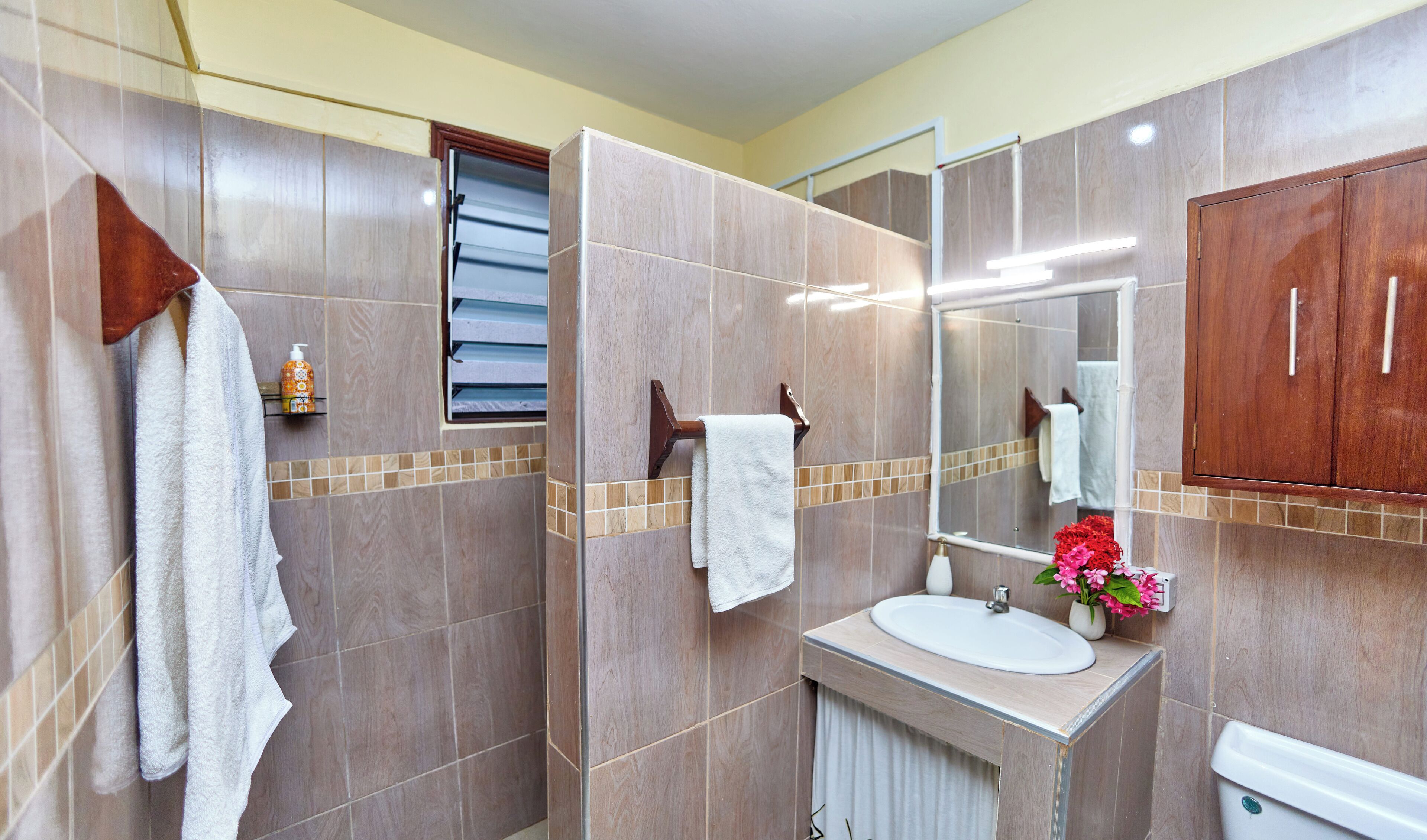 淋浴设施、大花洒淋浴喷头、吹风机、毛巾