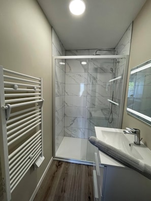 Shower, hair dryer, towels, toilet paper
