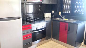 Frigorífico, microondas, horno y placa de cocina