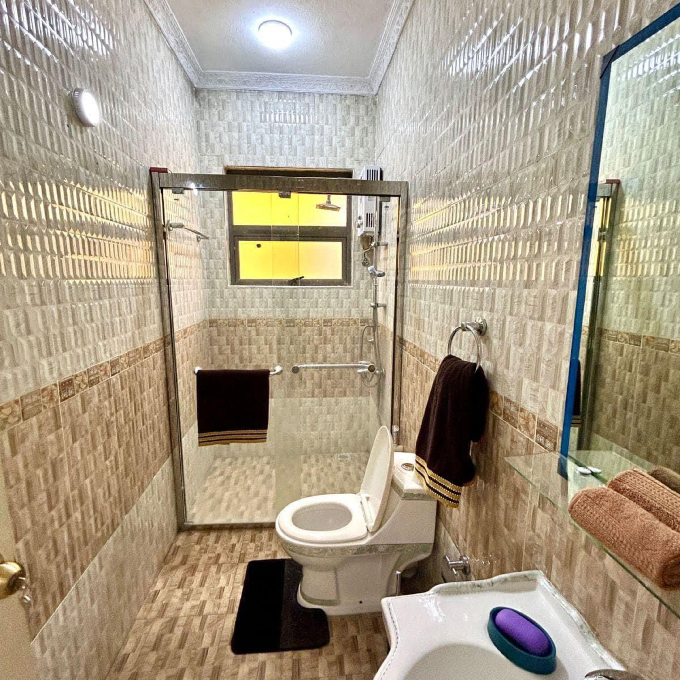 A bathroom with a glass-enclosed shower, a toilet, a sink, and a mirror.