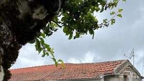 A stone building with a red-tiled roof, a blue door, and a small staircase leading to the entrance. - Casa de Campo Benfeito (Castro Daire)