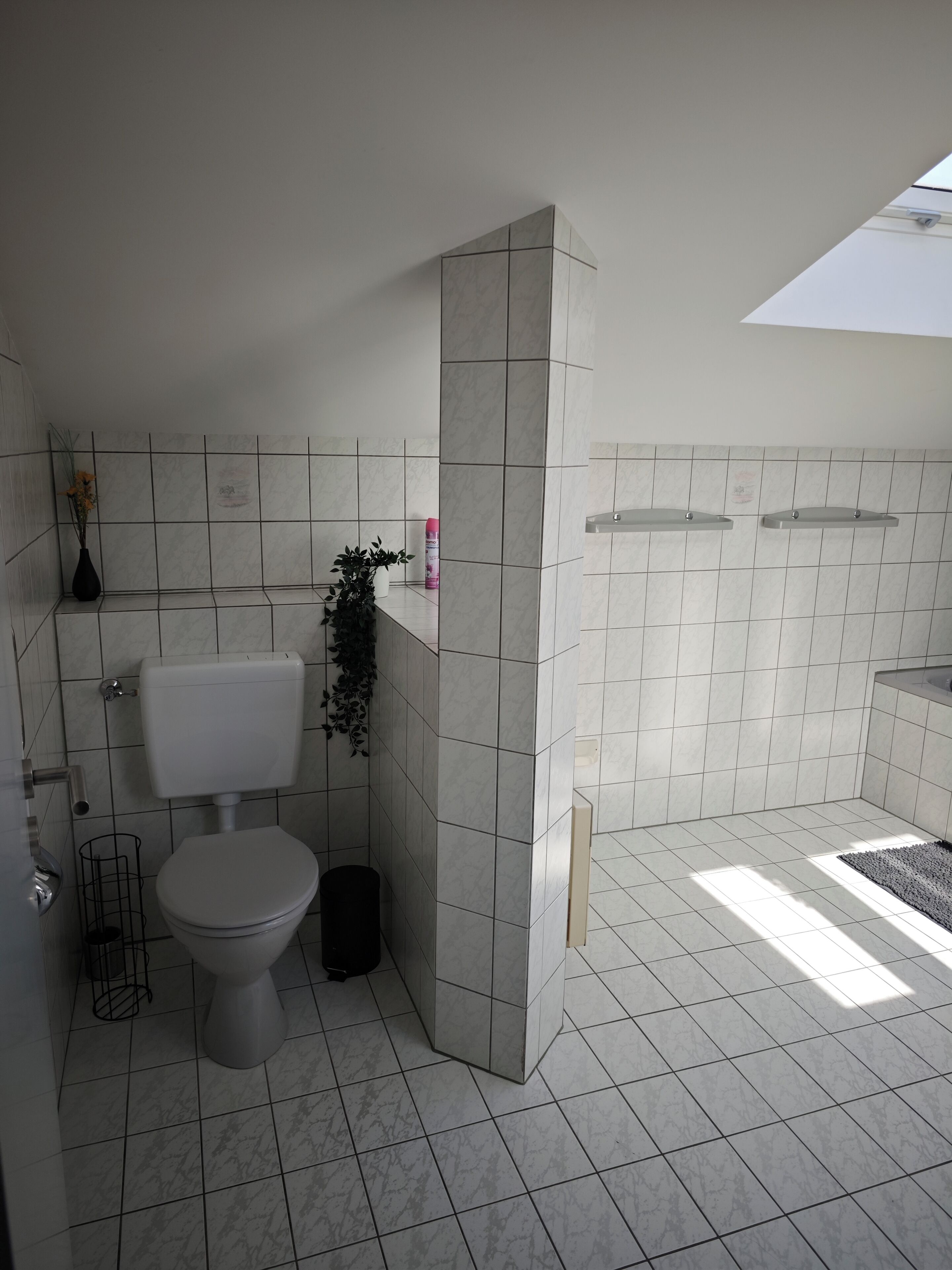 Un baño moderno con inodoro, lavabo y zona de ducha.